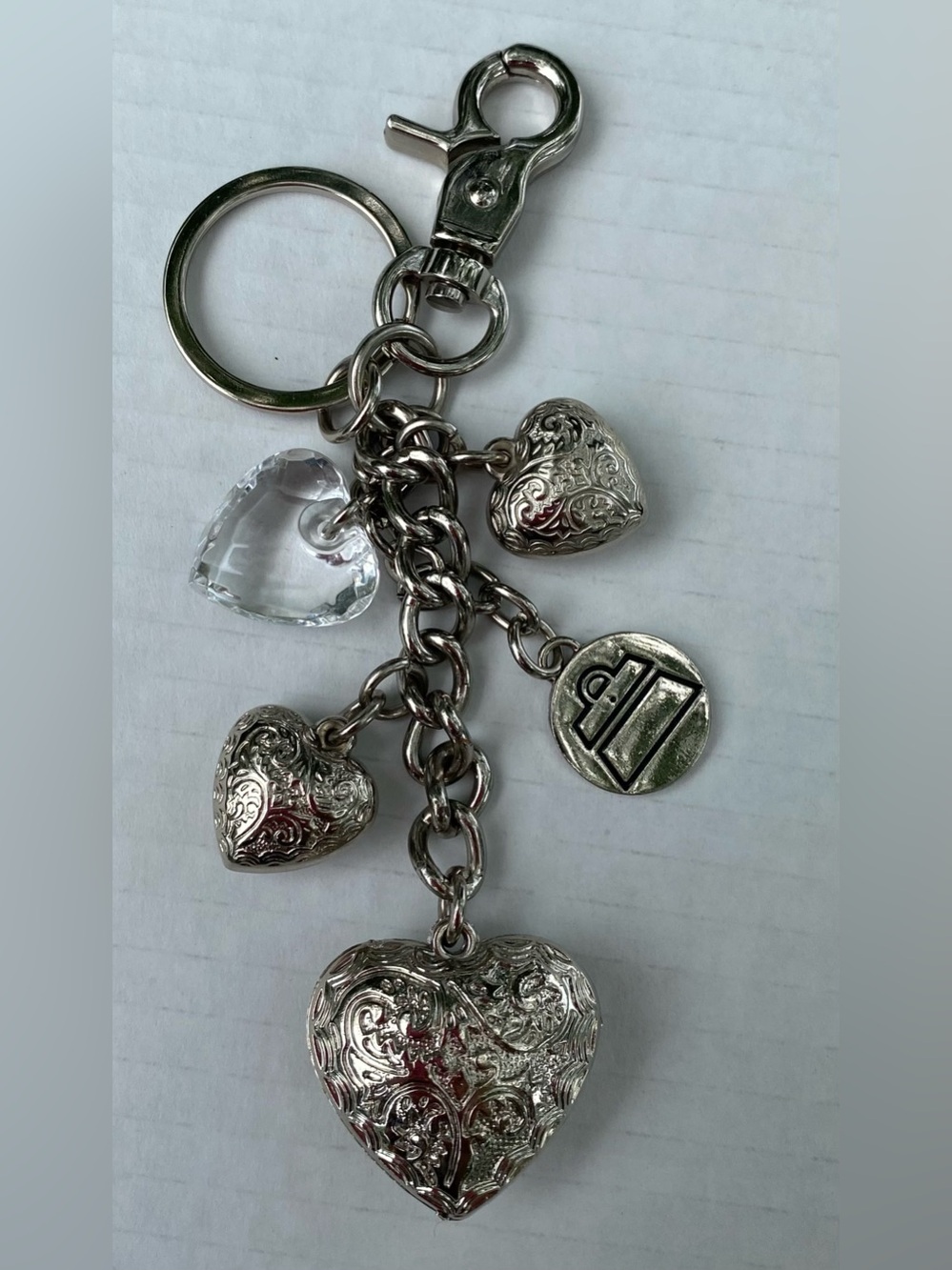 Kathy Van Zeeland Silver-Tone Heart Charm Keychain with Clear Heart 🤍✨🤍